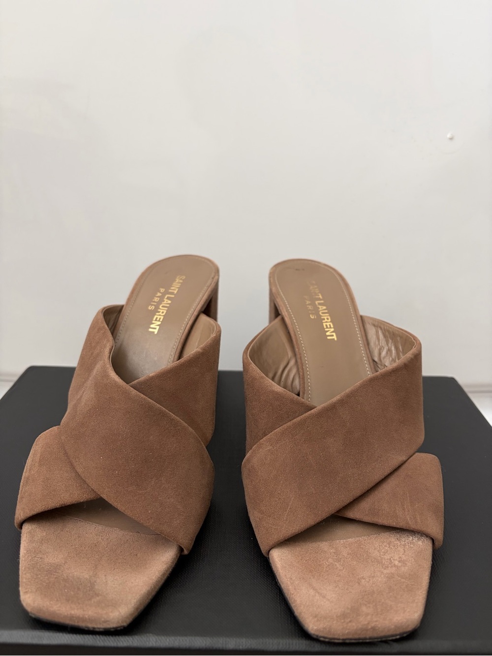 Saint Laurent Tan Suede Crisscross Mule Sandals